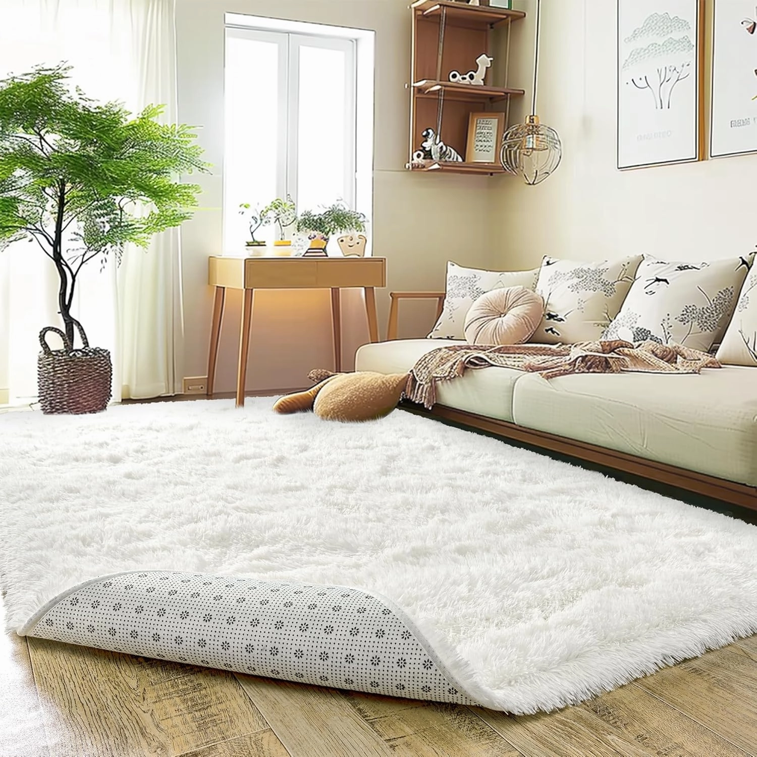 Super Fluffy Rug for Bedroom, 4x6 Shag Fuzzy Area Rug for Living Room Bedroom, Plush Soft Carpet for Girls Boys Kids, Non Slip Throw Rugs for Dorm, Modern Home Decor Aesthetic, Cream White