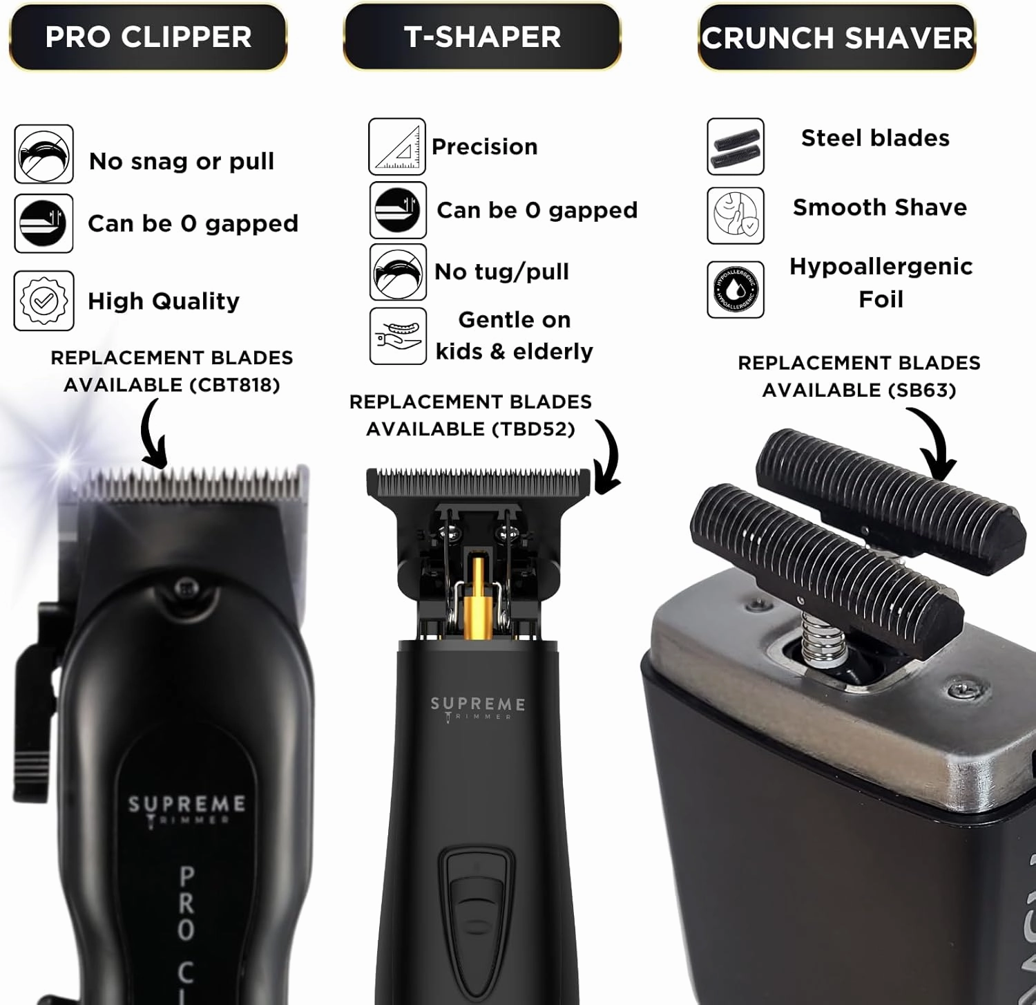 Supreme Trimmer 3-in-1 Barber Bundle | Pro Clipper, T-Shaper Trimmer & Crunch Foil Shaver | Professional Beard Trimmer Men’s Hair Clipper Kit | Black