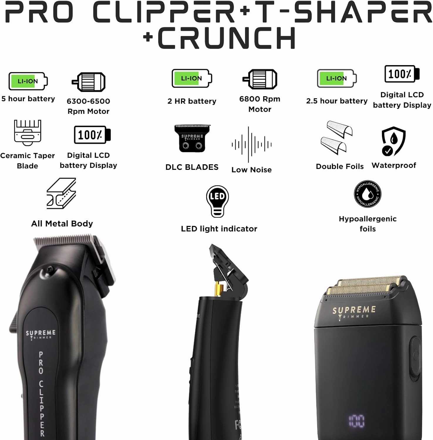 Supreme Trimmer 3-in-1 Barber Bundle | Pro Clipper, T-Shaper Trimmer & Crunch Foil Shaver | Professional Beard Trimmer Men’s Hair Clipper Kit | Black