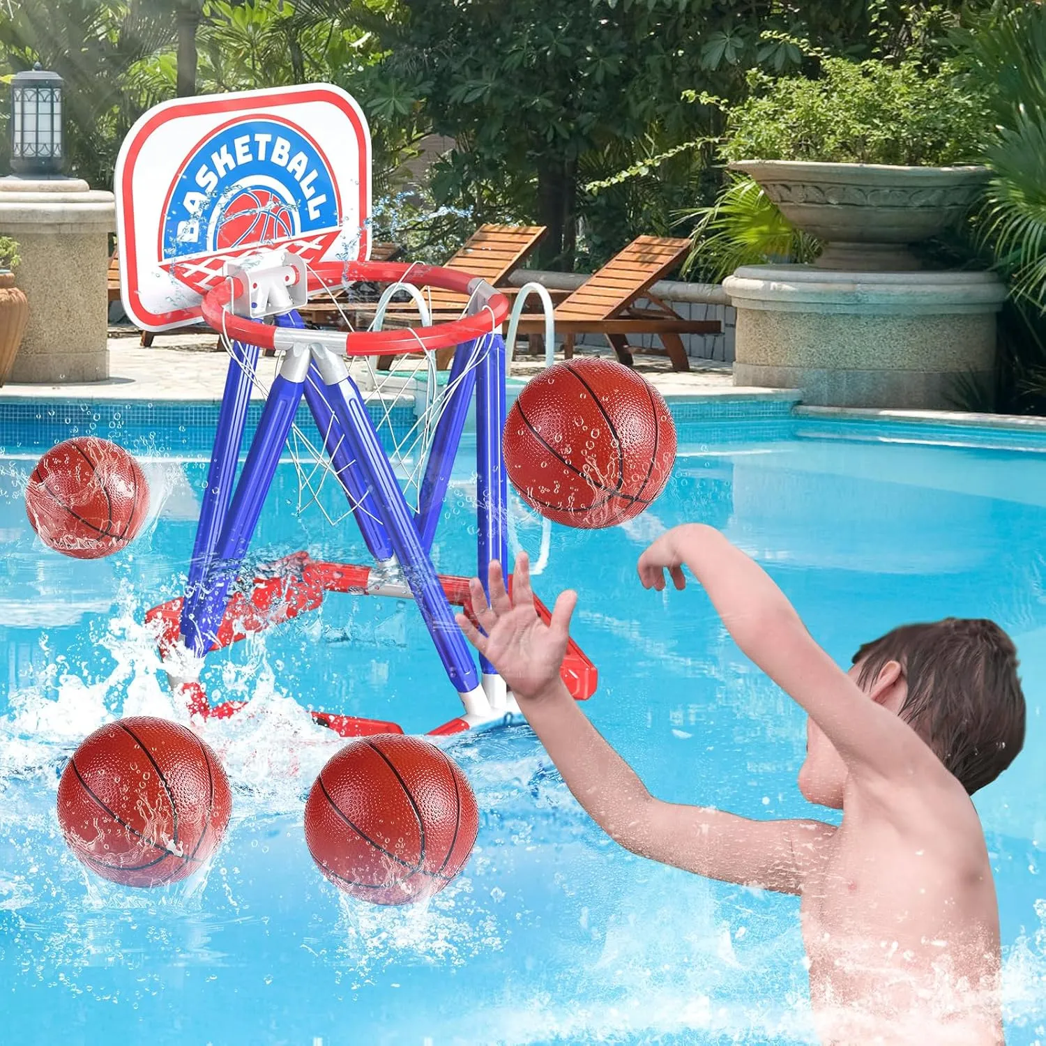 Swimming Basketball Hoop For Pool - Above Ground Floating Hoops with Backboard And 4 Balls,Summer Water Outdoor Indoor Games Set For Kids,Cool Family Play Fun Gifts Toy For Boys Girls Adults (Blue)