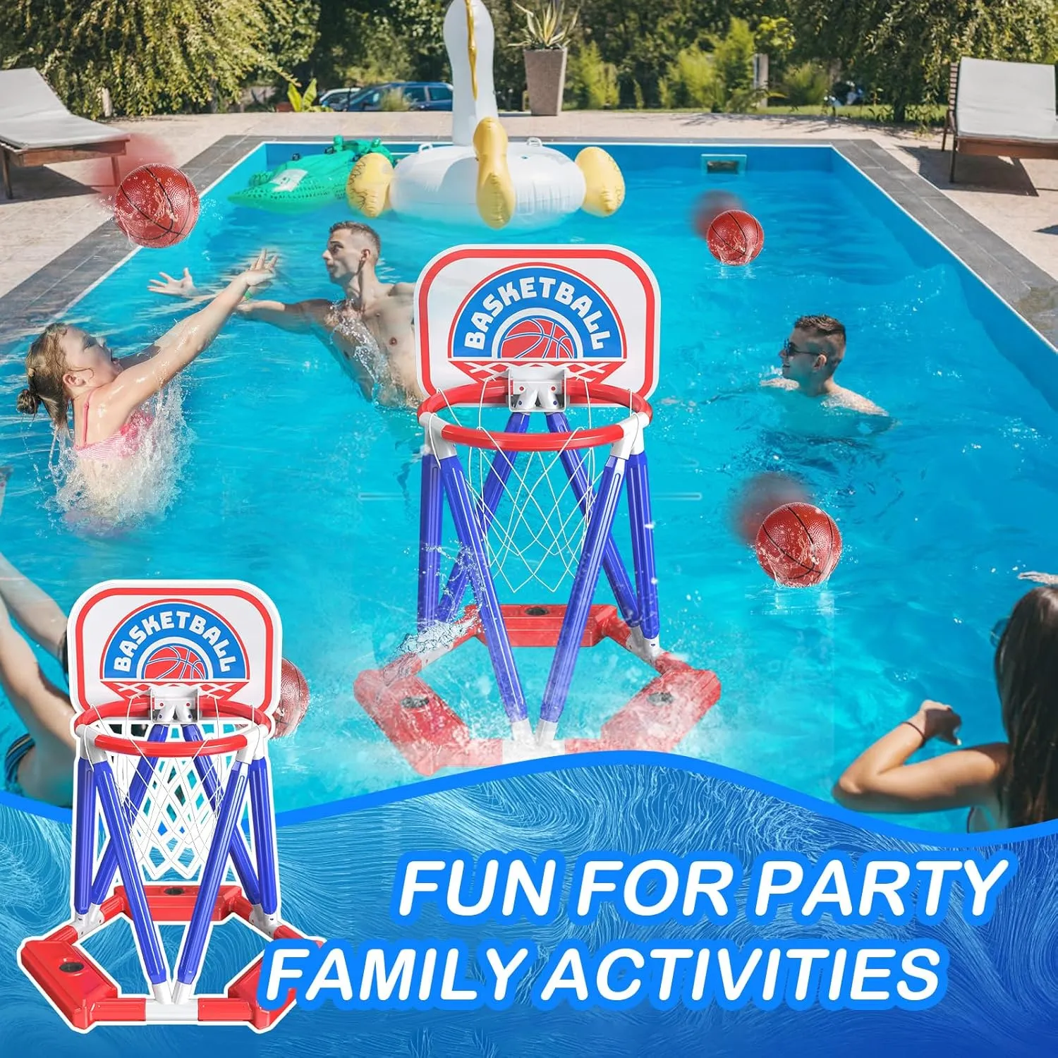 Swimming Basketball Hoop For Pool - Above Ground Floating Hoops with Backboard And 4 Balls,Summer Water Outdoor Indoor Games Set For Kids,Cool Family Play Fun Gifts Toy For Boys Girls Adults (Blue)