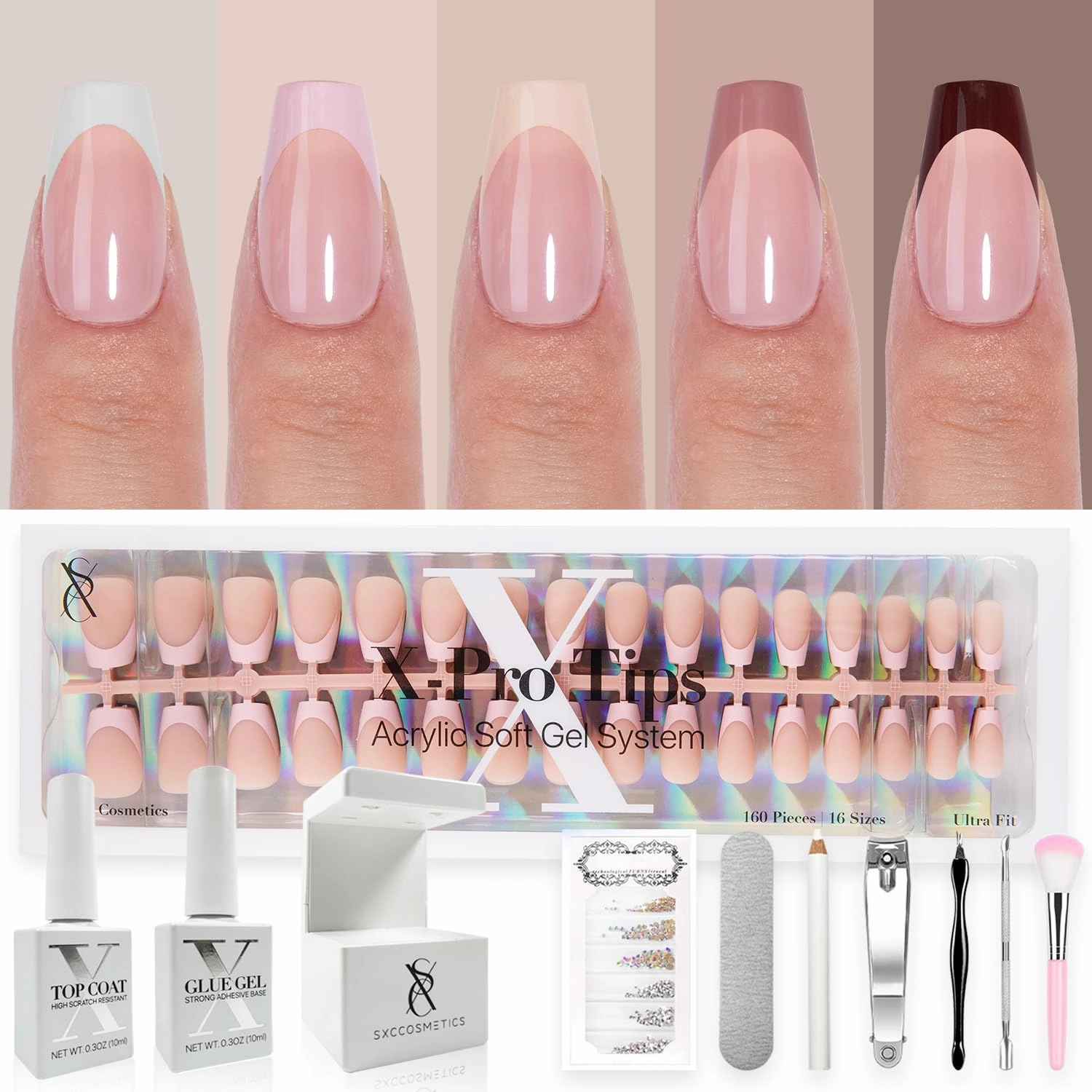 SXC Cosmetics French Tip Press On Nails - Skin Tone Nude and Color Series, Short Coffin X-Pro Tips Starter Kit ST119KIT