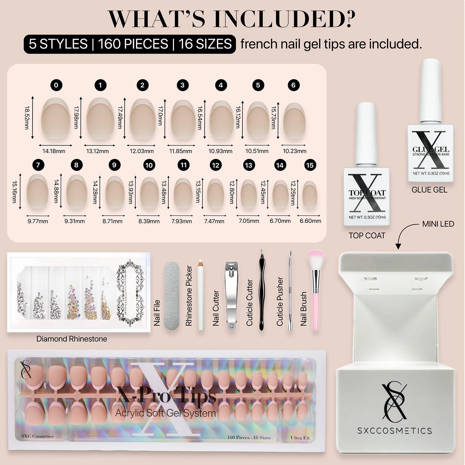 SXC Cosmetics French Tip Press On Nails - Skin Tone Nude and Color Series, Short Coffin X-Pro Tips Starter Kit ST119KIT