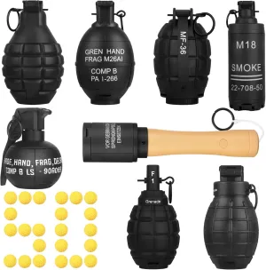 Tactical Toy-Grenade for CS Battle Game,8Pcs Fall Resistant Refillable Fun Impact,Hand Fake Grenade Toy with 100 Foam Ammo for 14  Outdoor Sport,Black