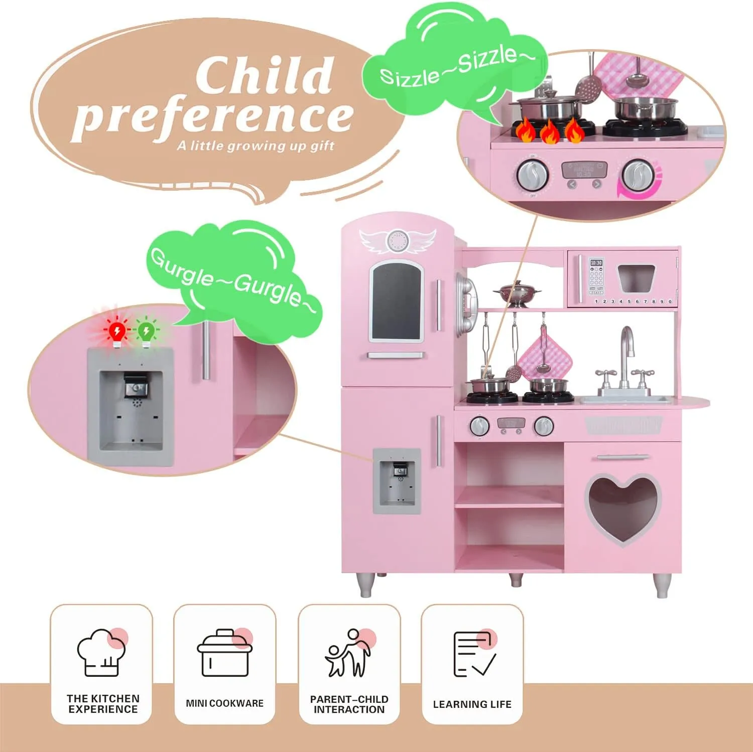 TaoHFE LED Upgrade Kitchen Set for Kids Wooden Play Kitchen LED Gas Tray with Sound Toy Kitchen Sets for Girls Gift Enjoy Cooking with Lights and Sounds Pink Kitchen for Toddlers Kids Kitchen Playset