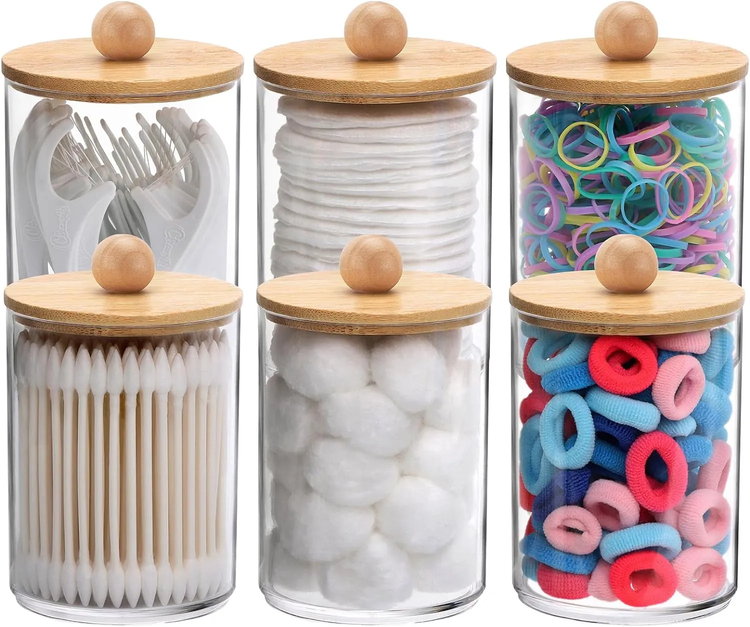 Tbestmax 6 Pack Qtip Holder, 10-Ounce Apothecary Jars with Bamboo Lids for Cotton Ball Swab Pad Dispenser, Bathroom Canisters Organizer
