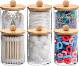 Tbestmax 6 Pack Qtip Holder, 10-Ounce Apothecary Jars with Bamboo Lids for Cotton Ball Swab Pad Dispenser, Bathroom Canisters Organizer