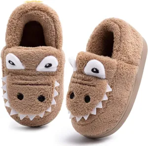 techcity Boys Girls Warm Fleece Slippers Dinosaur House Slippers Cute Animal Fluffy Plush Slip On for Kids Winter Indoor Home Shoes