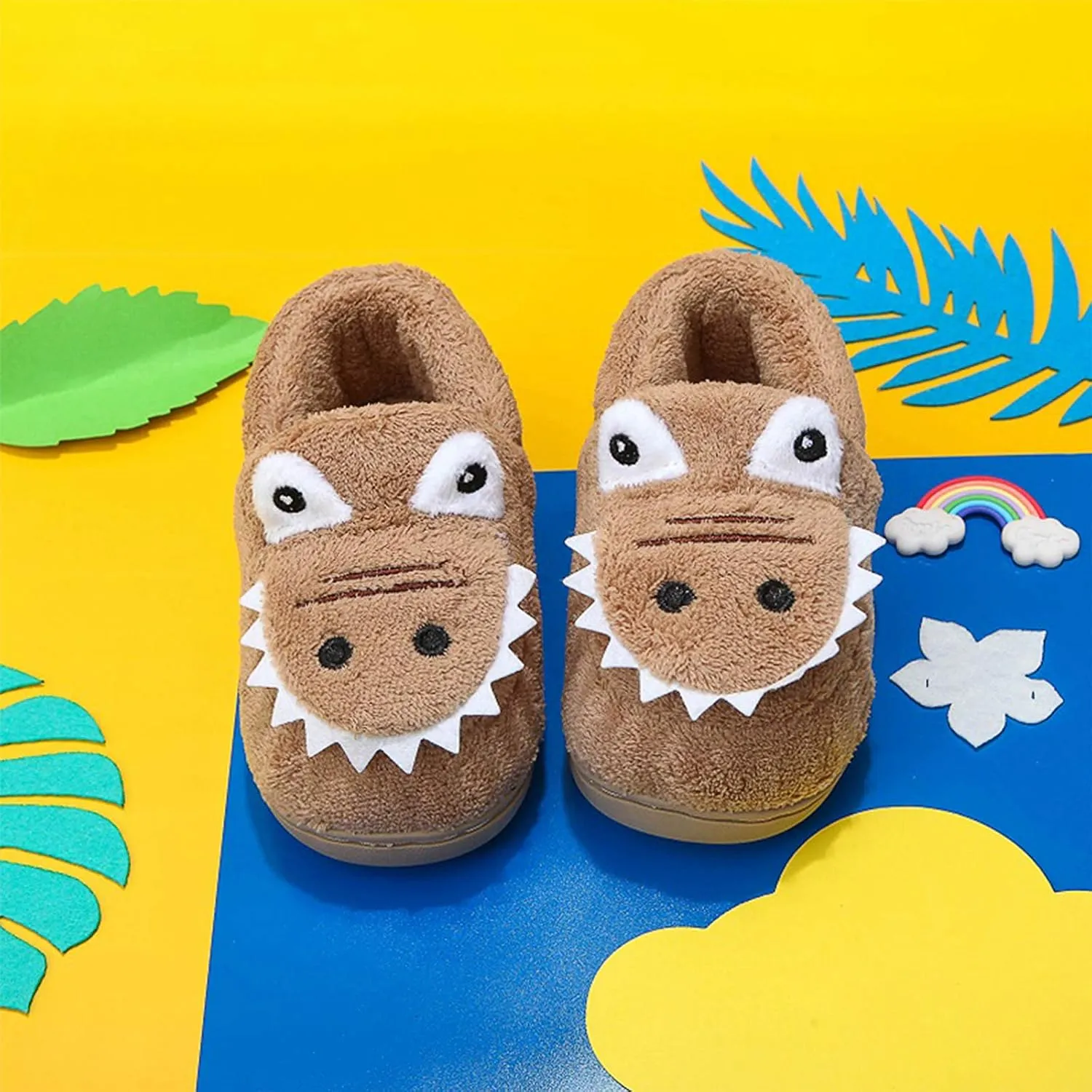 techcity Boys Girls Warm Fleece Slippers Dinosaur House Slippers Cute Animal Fluffy Plush Slip On for Kids Winter Indoor Home Shoes