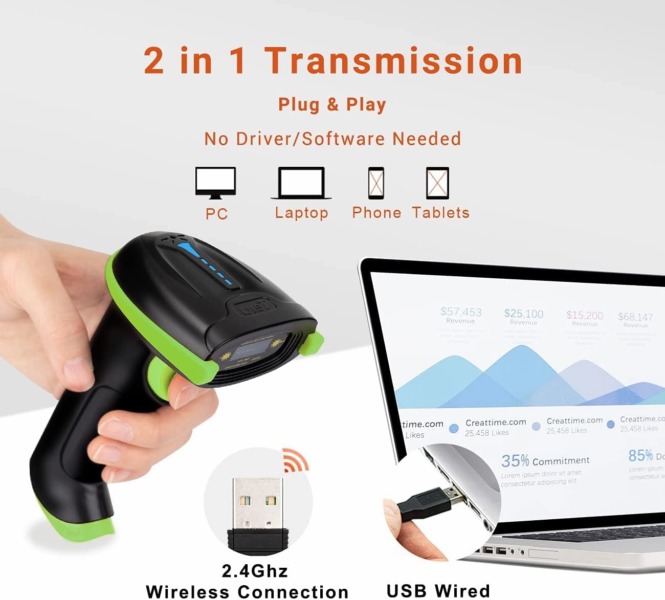 Tera Barcode Scanner Wireless Versatile 2-in-1 (2.4Ghz Wireless USB 2.0 Wired) with Battery Level Indicator 328 Feet Transmission Distance Rechargeable 1D Laser Bar Code Reader USB Handheld (Green)