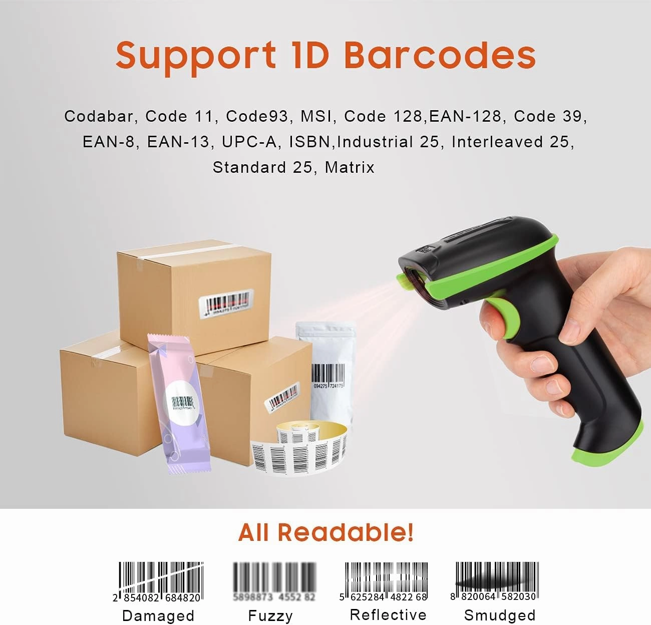 Tera Barcode Scanner Wireless Versatile 2-in-1 (2.4Ghz Wireless USB 2.0 Wired) with Battery Level Indicator 328 Feet Transmission Distance Rechargeable 1D Laser Bar Code Reader USB Handheld (Green)