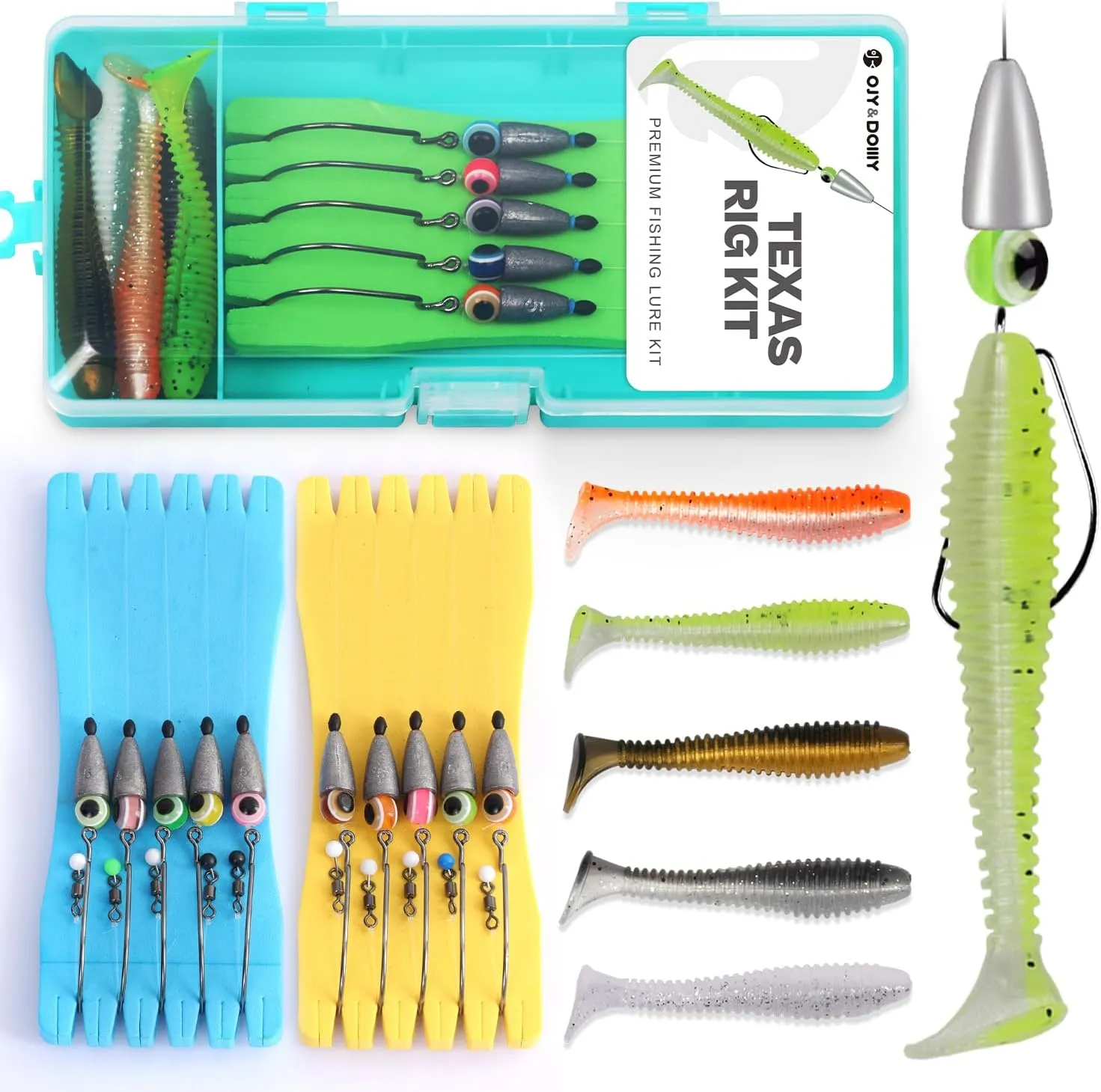 Texas Rig Kit 10 PCs 3/16 1/4 3/8oz with Paddle Tail Swimbaits and Reusable Bait Rig Keeper Case, Quick-Fishing Bass Fishing Lures Kit