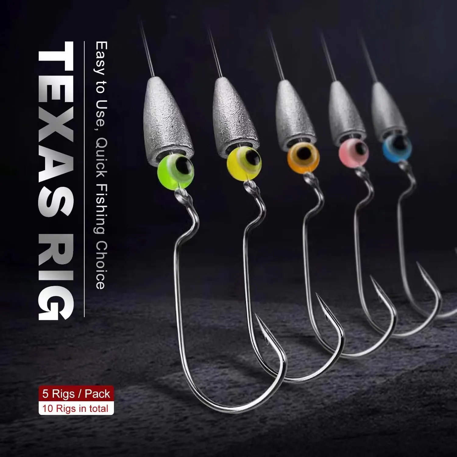 Texas Rig Kit 10 PCs 3/16 1/4 3/8oz with Paddle Tail Swimbaits and Reusable Bait Rig Keeper Case, Quick-Fishing Bass Fishing Lures Kit
