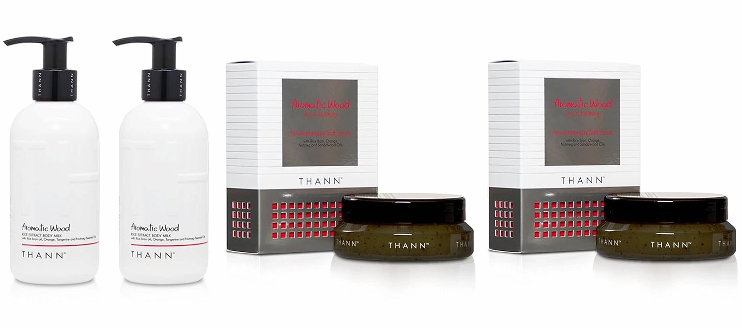 THANN Aromatic Wood Rice Extract Body Milk and Aromatic Wood Aromatherapy Salt Scrub Set.