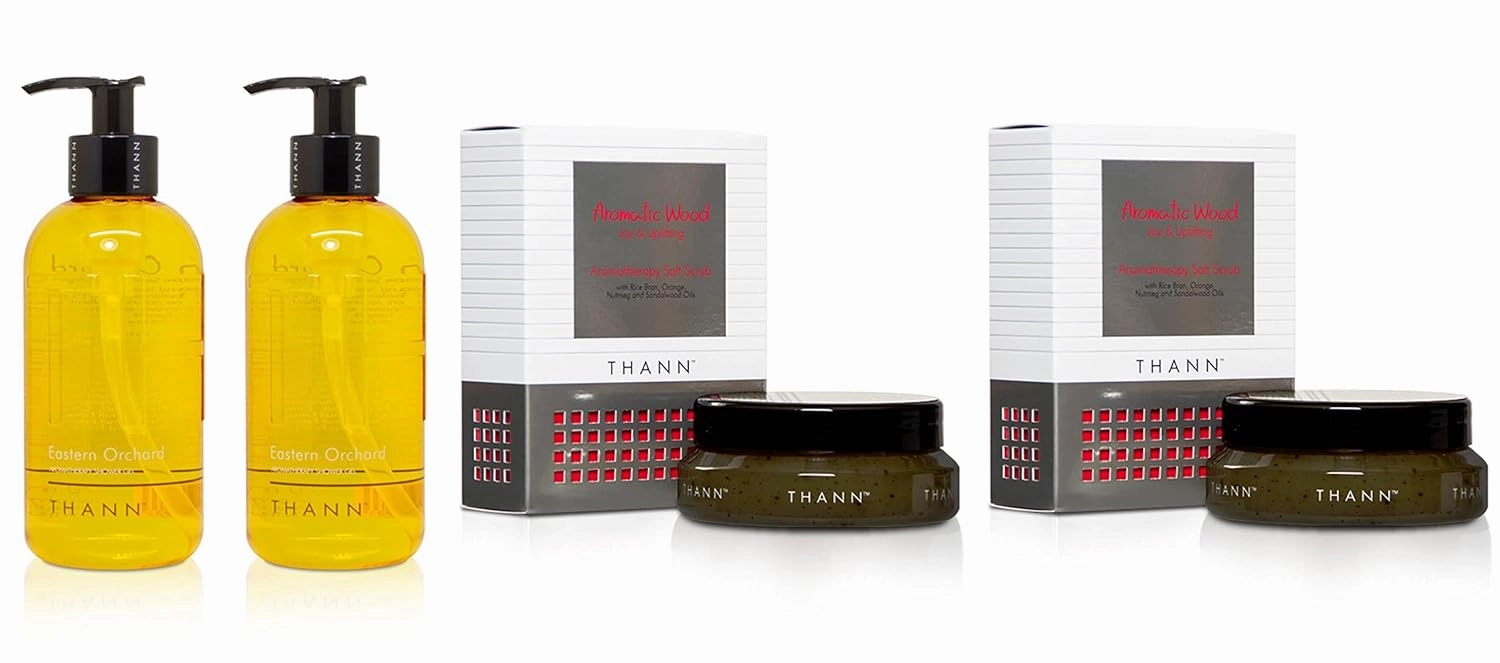 THANN Eastern Orchard Shower Gel and Aromatic Wood Aromatherapy Salt Scrub Set.