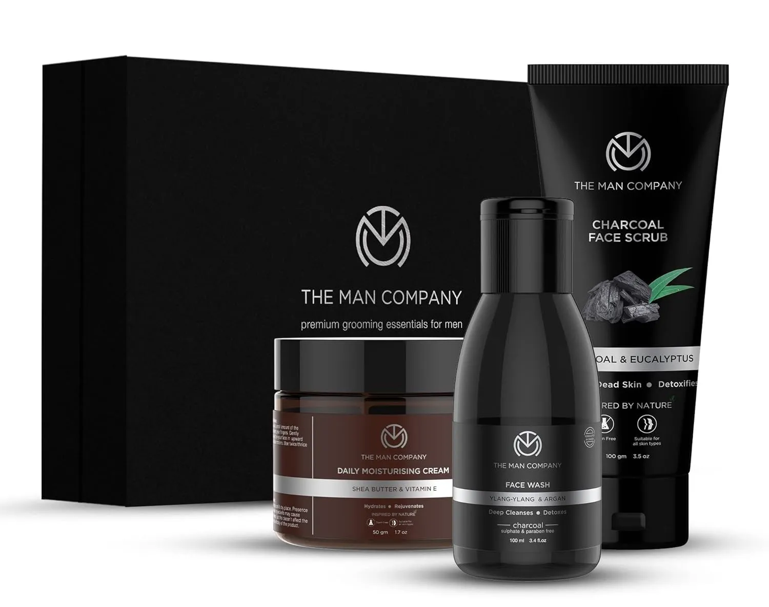 The ManCompany Detan Facial Kit - Charcoal Face Wash, Charcoal Scrub, Daily Moisturising Face Cream | Best Detan Care - Pack of 3