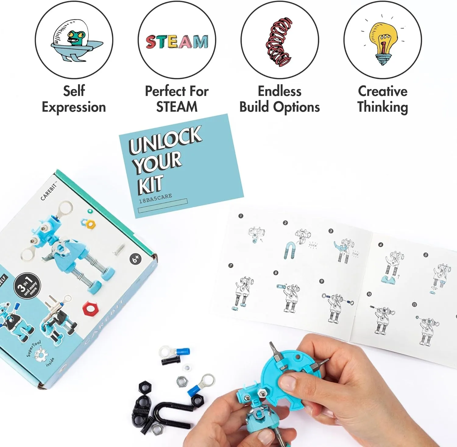 The Off Bits CareBit Build Your Own Robot Toy Construction Set, Educational Gift STEM Activities Learning Kit, Creative Build and Play Model Kit Steam Toys for 6 7 8 9 10  Year Old Boys & Girls