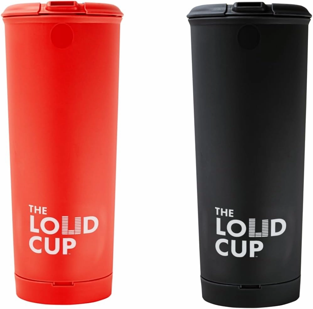 The LoudCup 20 oz Tumbler 2 Pack   Integrated Stadium Horn (Rooster Red & Raven Black) - Reusable Water Bottle for Sports Fans - Worlds Loudest Cup for Noisy Fans on Game Day & Tailgating