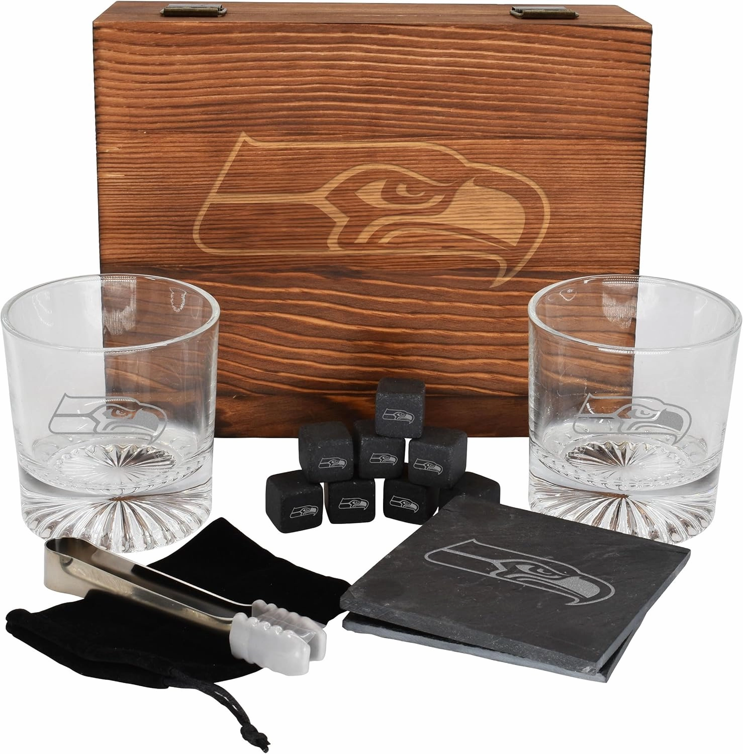 The Memory Company Licensed NFL Wood Boxed Drinkware Gift Set - Includes 2 Premium Rock Glasses, Cooling Cubes, Tongs, and Coasters, Seattle Seahawks