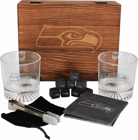 The Memory Company Licensed NFL Wood Boxed Drinkware Gift Set - Includes 2 Premium Rock Glasses, Cooling Cubes, Tongs, and Coasters, Seattle Seahawks