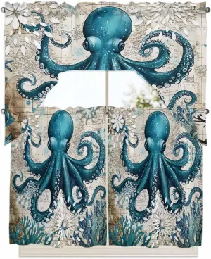 Tier and Swag Window Curtain Set, Octopus Ocean Coral Sea Monster Kitchen Valance Tier Curtains 3 Pieces Set, Underwater World Vintage Letter Rod Pocket Valances Window Treatment for Living Room