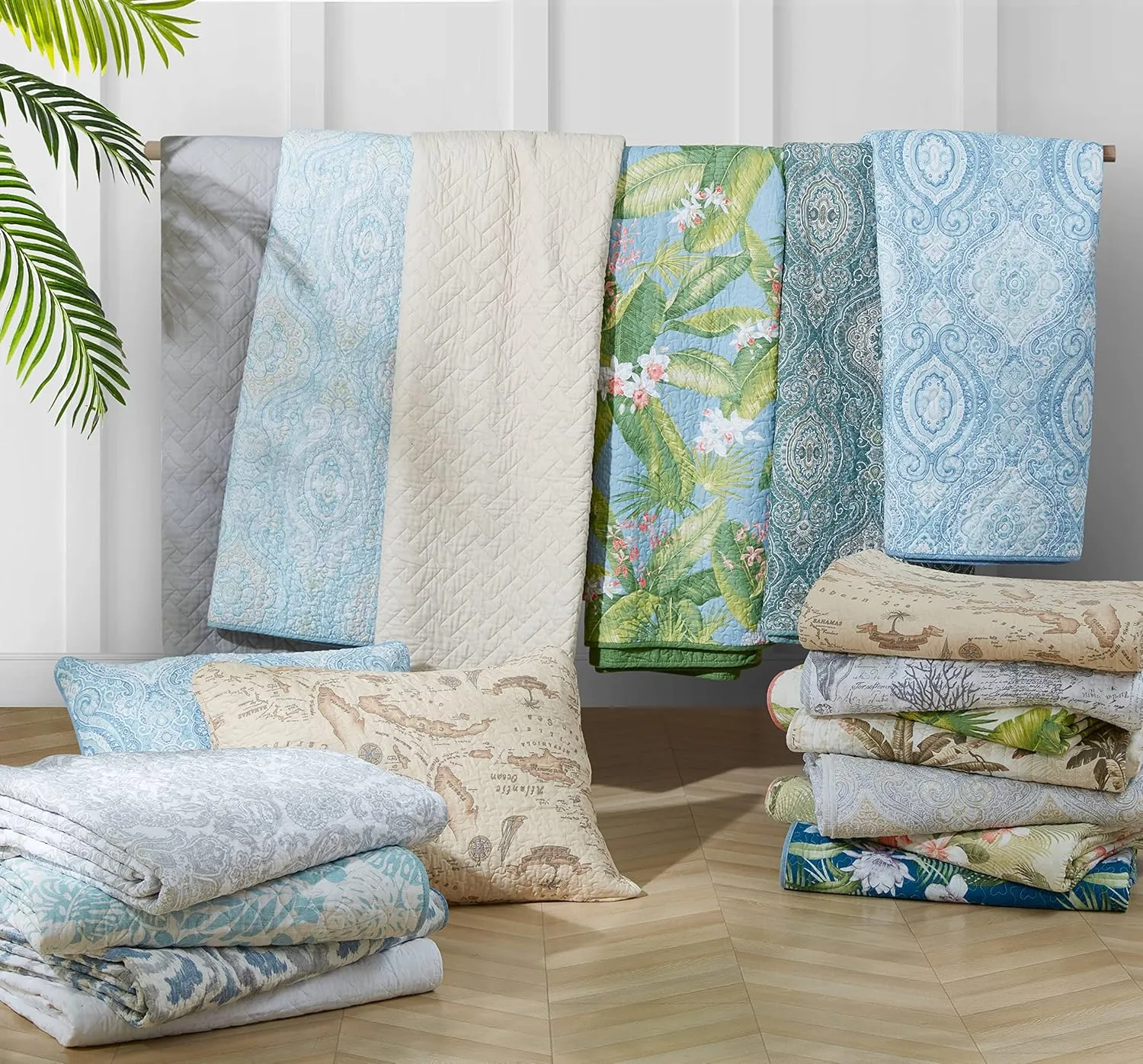 Tommy Bahama - King Quilt Set, Reversible Cotton Bedding with Matching Shams, Coastal Bedding Set for All Seasons (Aregada Dock Ecru Beige, King)