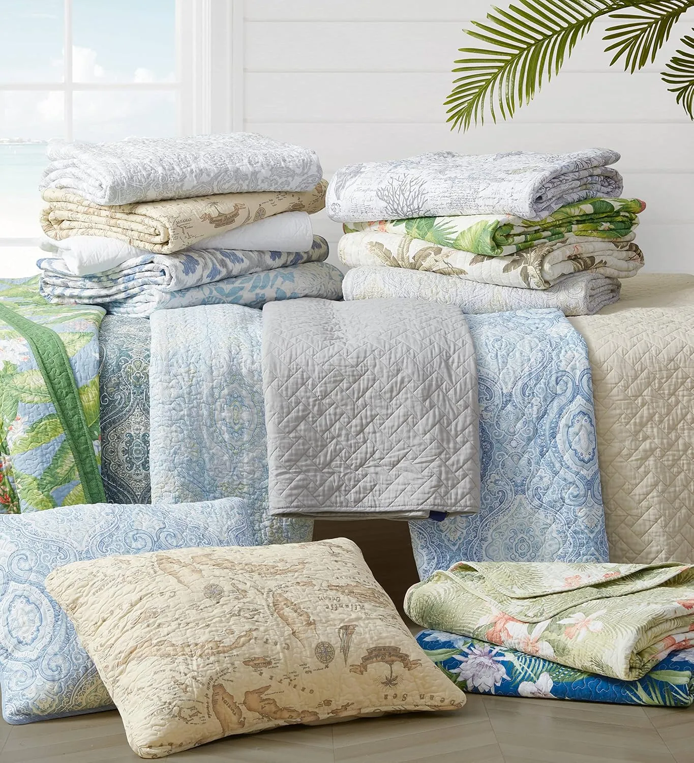 Tommy Bahama - King Quilt Set, Reversible Cotton Bedding with Matching Shams, Coastal Bedding Set for All Seasons (Aregada Dock Ecru Beige, King)