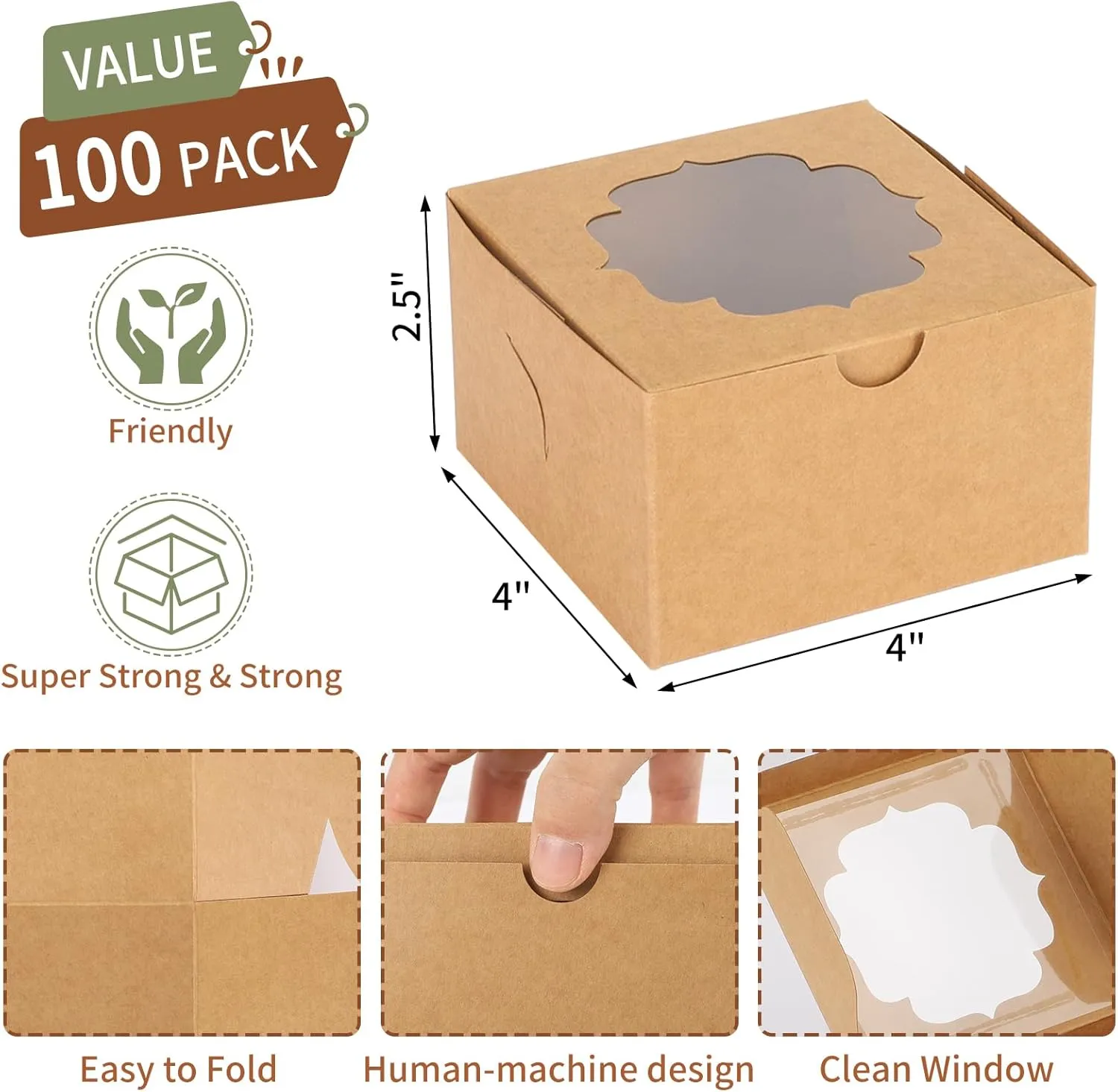 TOMNK 100pcs 4x4x2.5 Small Cookie Boxes, Mini Dessert Boxes with Window for Cupcakes, Macarons, Chocolate,Strawberries, Muffins(Kraft Paper)