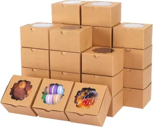 TOMNK 100pcs 4x4x2.5 Small Cookie Boxes, Mini Dessert Boxes with Window for Cupcakes, Macarons, Chocolate,Strawberries, Muffins(Kraft Paper)