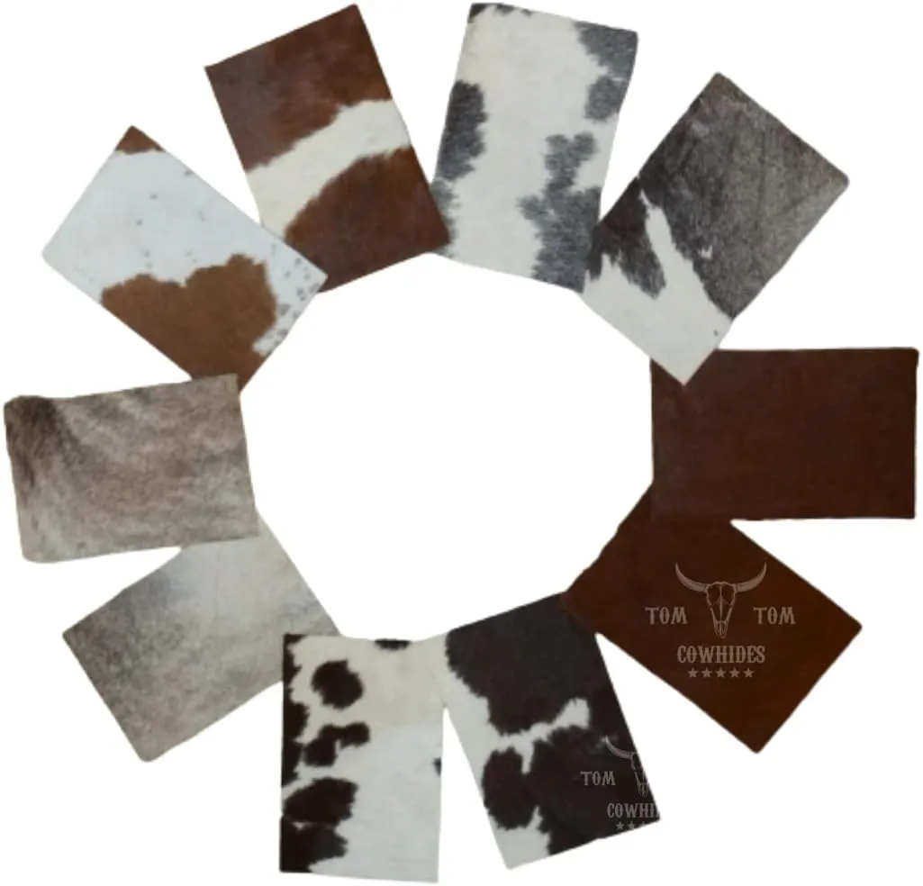 Tomtom Cowhides Nice Variety 10 Pieces Hair on Cow Hide Scrap Leather Hide Remnant (10) Pieces of Approx. 12" x 8"