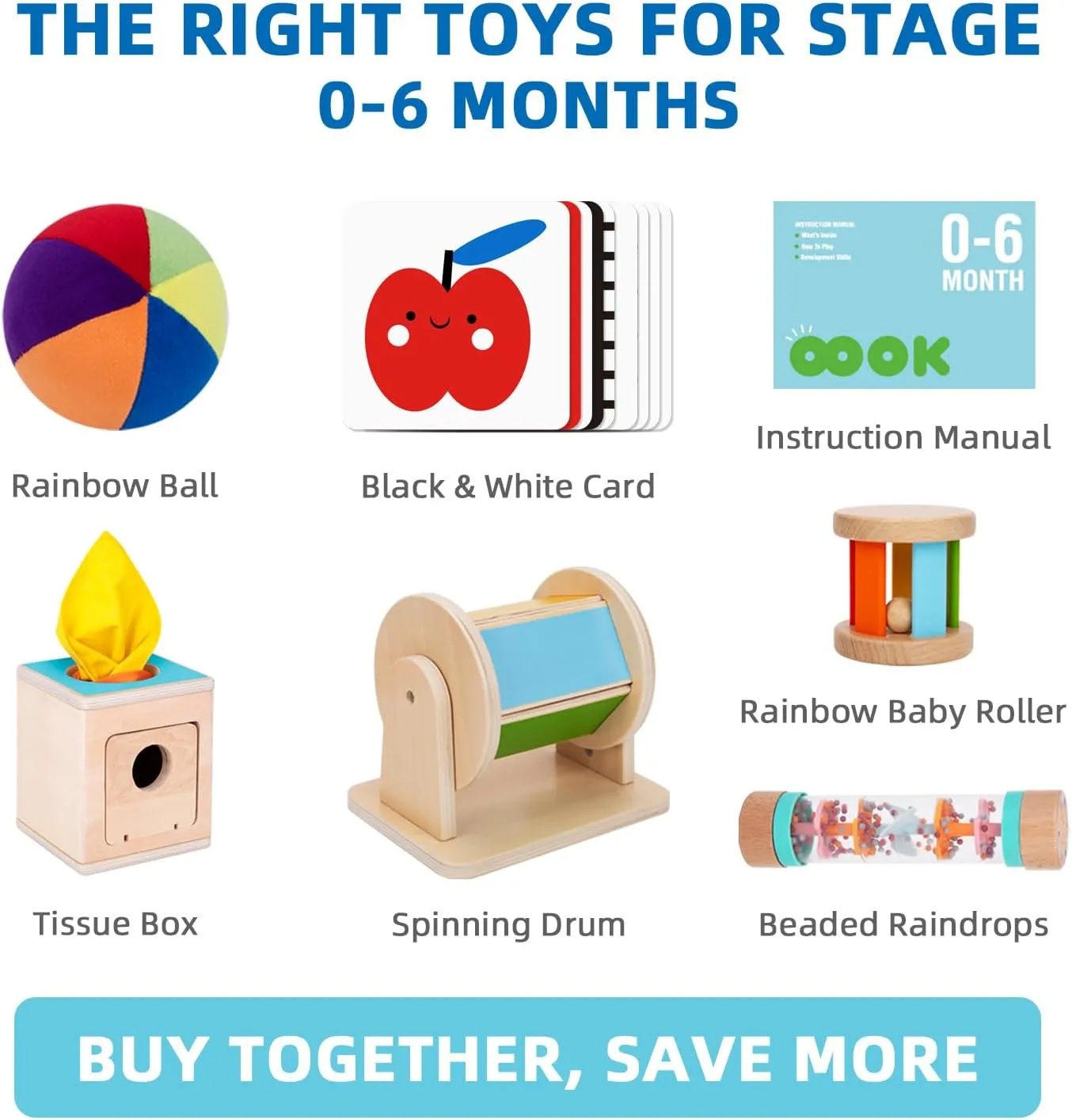 TOOKYLAND Early Learning Toy Bundle - 6 in 1 Box Educational Montessori Play Set; Wooden Baby Toys 0-6 Months Old