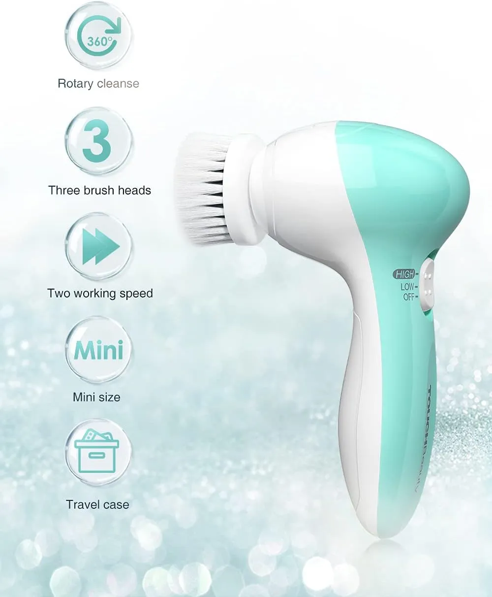 TOUCHBeauty Portable Facial Brush Set with Case & 3 Spin Brush Heads, 0.055mm Deep Pores Cleansing Bristle, Soft Silicone Massager Brush Face Exfoliator Brushes, Mini Travel Size Battery Powered