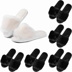 Toulite 6 Pairs Wedding Bridesmaid Slippers Women Fluffy Open Toe Fuzzy Plush Slippers, US9-10