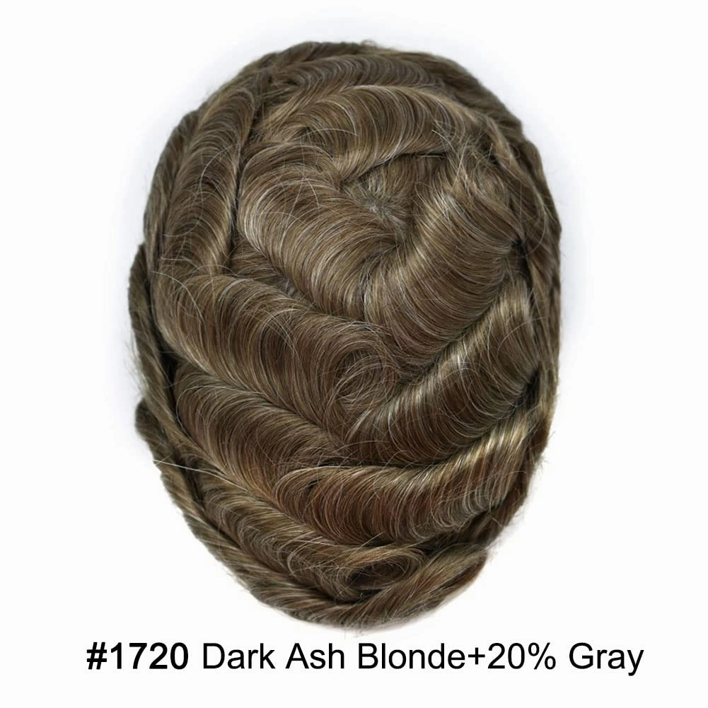 Toupee For Men Hair Replacement System For Men Human Hair Piece Toupee For Men Hair Pieces Fine Mono Hair Systems For Men 8x10medium light density#1720 17# DARK ASH BLONDE 20% GREY