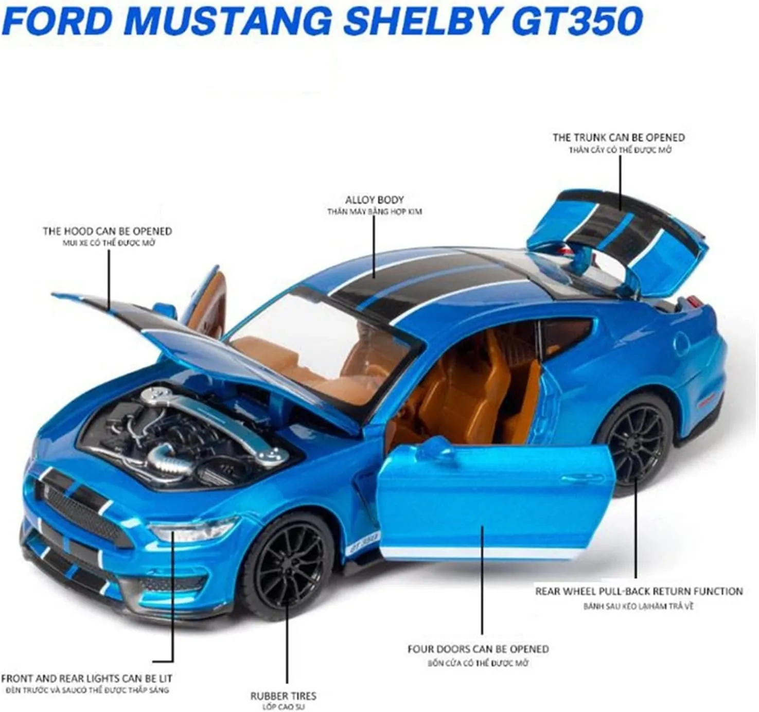 Toy car Model 1/32 for Mustang Shelby GT350 Alloy Car Toy Model A Modified Car Model Pull Back Flashing Toy (Color : White)