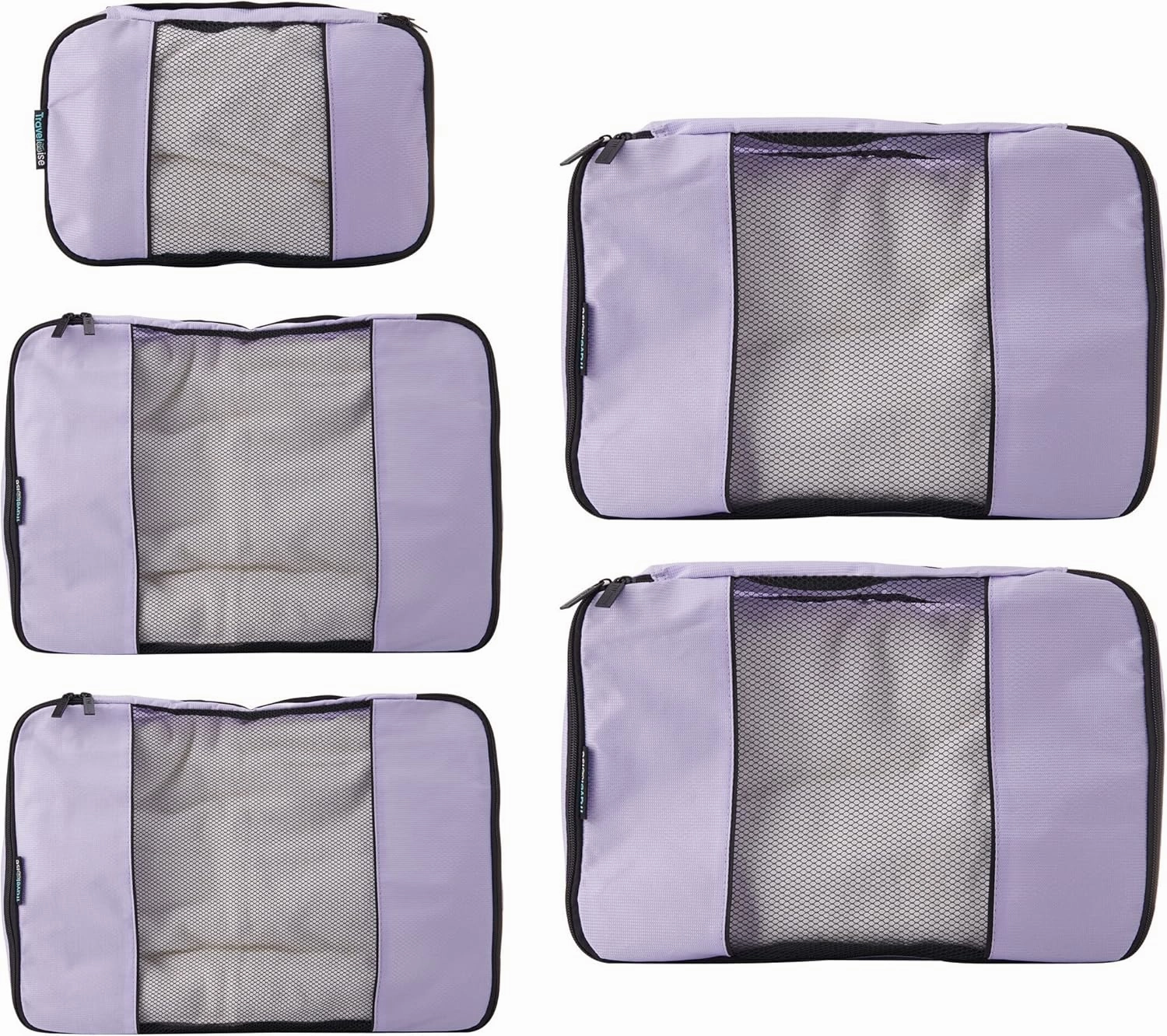 TravelWise Luggage Packing Organization Cubes 5 Pack, Lavender, 2 Small, 2 Medium, 1 Large (TWPC-27)