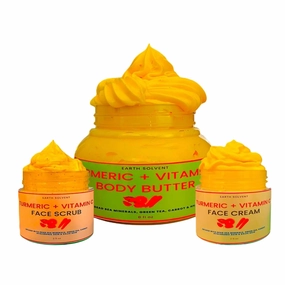 Turmeric Vitamin C Glow Boosting Body Butter & Face Exfoliating Cream Scrub Dead Sea Minerals Green Tea Carrot Hyaluronic Acid Kojic Acid | Antiaging Super Hydrating Repairing & Moisturizing (Set)