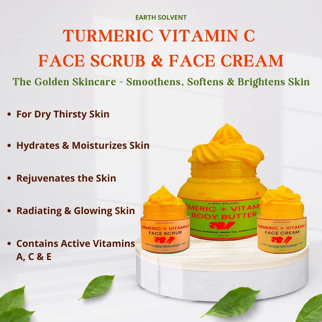 Turmeric Vitamin C Glow Boosting Body Butter & Face Exfoliating Cream Scrub Dead Sea Minerals Green Tea Carrot Hyaluronic Acid Kojic Acid | Antiaging Super Hydrating Repairing & Moisturizing (Set)