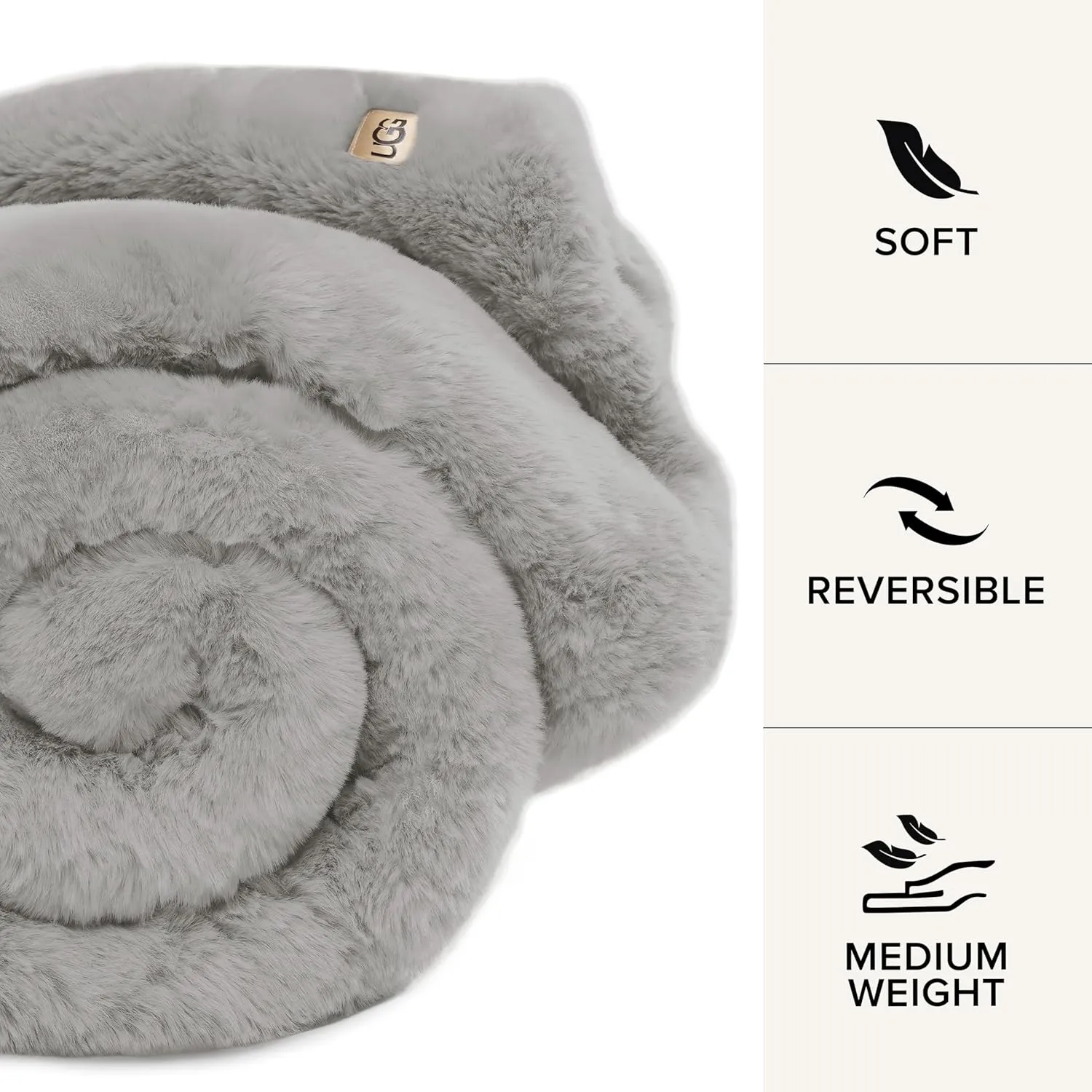 UGG Euphoria Plush Faux Fur Throw Blanket Medium Weight Reversible Luxury Soft Throw for Couch Bed or Chair Hypoallergenic Machine Washable Home Decor Blanket, 50-inch x 70-inch, Seal Light Grey