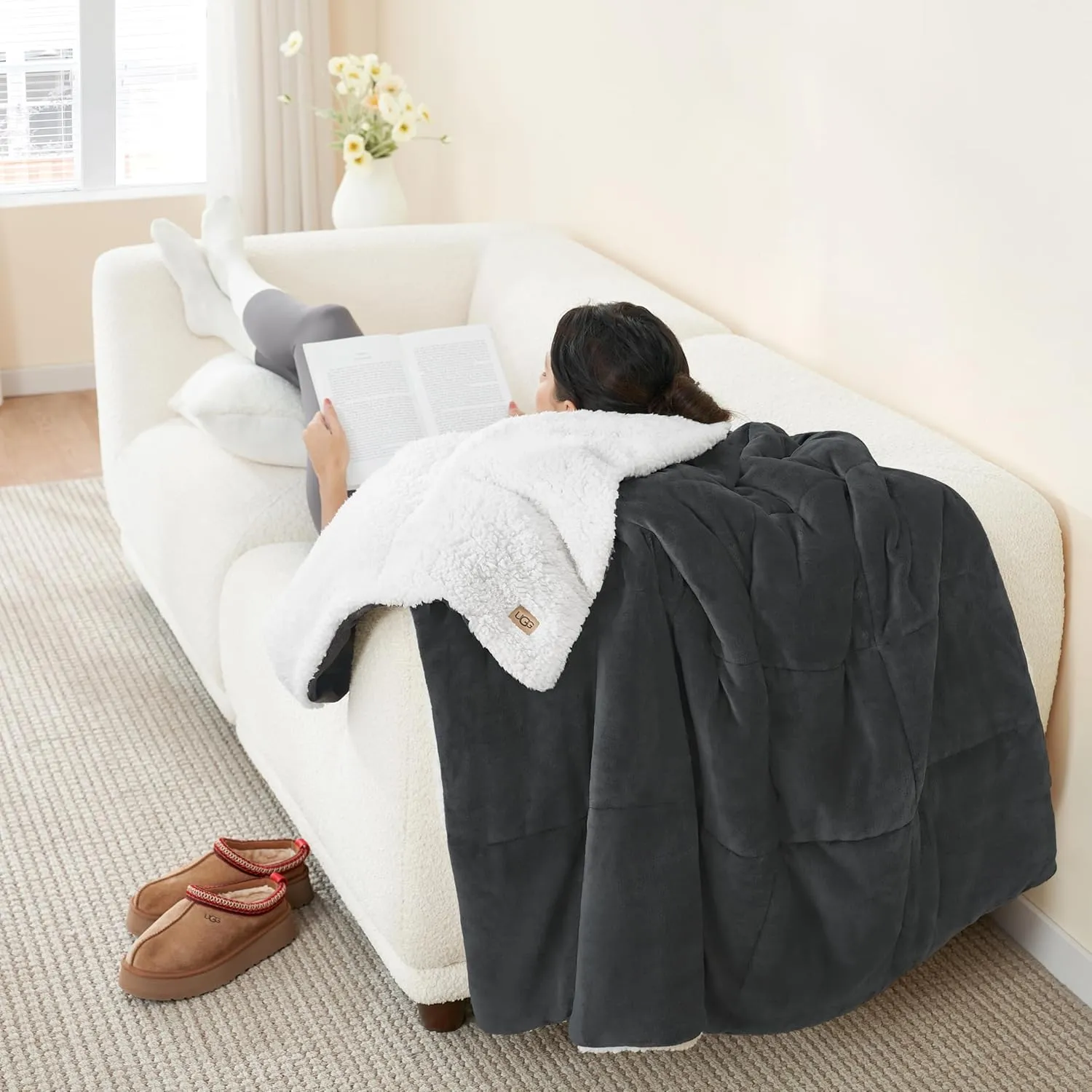 UGG Nita Throw Blanket Soft Reversible Plush Throw for Couch or Bed Cozy Fuzzy Warm Fluffy Blanket for Living Room or Cute Bedroom Decor Down Alternative Washable, 50-inch x 70-inch, Charcoal Grey
