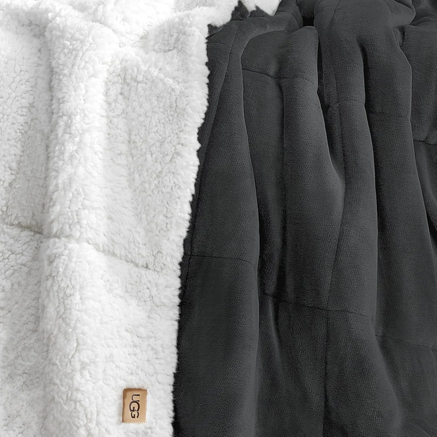 UGG Nita Throw Blanket Soft Reversible Plush Throw for Couch or Bed Cozy Fuzzy Warm Fluffy Blanket for Living Room or Cute Bedroom Decor Down Alternative Washable, 50-inch x 70-inch, Charcoal Grey