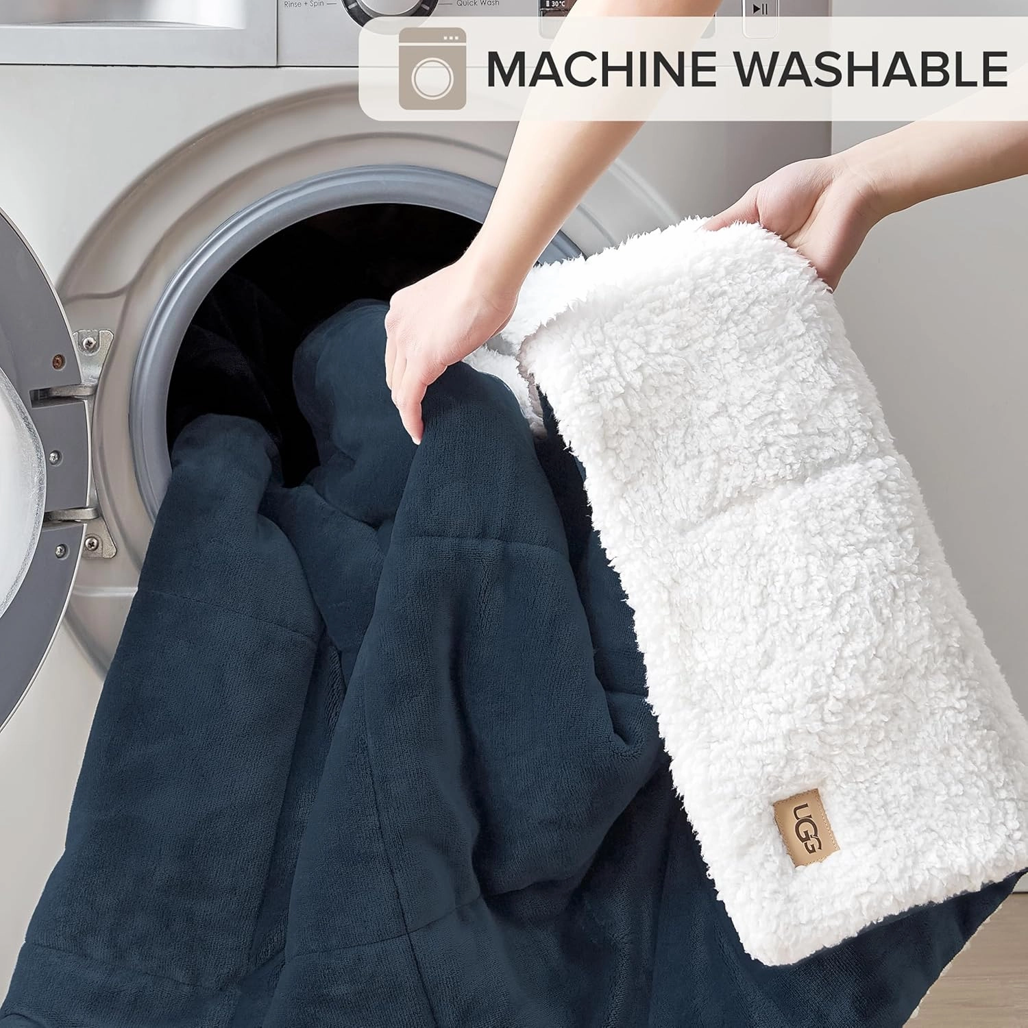 UGG Nita Throw Blanket Soft Reversible Plush Throw for Couch or Bed Cozy Fuzzy Warm Fluffy Blanket for Living Room or Cute Bedroom Decor Down Alternative Washable, 50-inch x 70-inch, Navy Blue