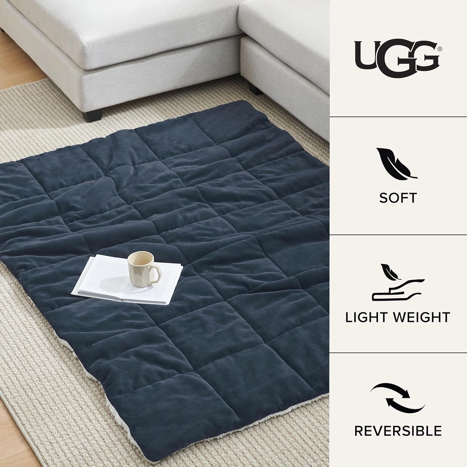 UGG Nita Throw Blanket Soft Reversible Plush Throw for Couch or Bed Cozy Fuzzy Warm Fluffy Blanket for Living Room or Cute Bedroom Decor Down Alternative Washable, 50-inch x 70-inch, Navy Blue