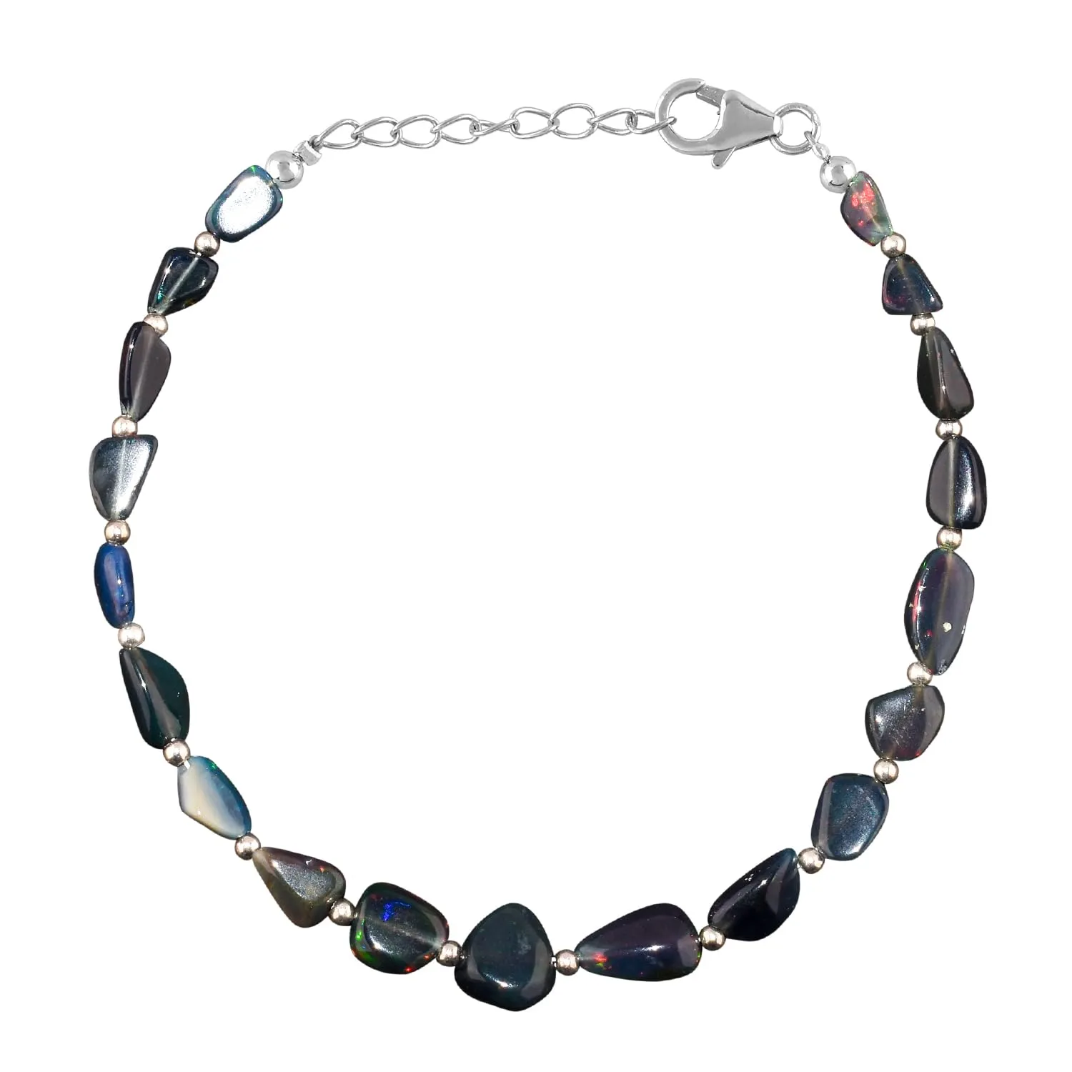 Ultra Fire Black Ethiopian Opal Beads with Silver Ball dainty Bracelet For Women, Healing Crystal, Handmade Jewelry, 925 Sterling Silver Chain 8 Inch, Birthday Gifts