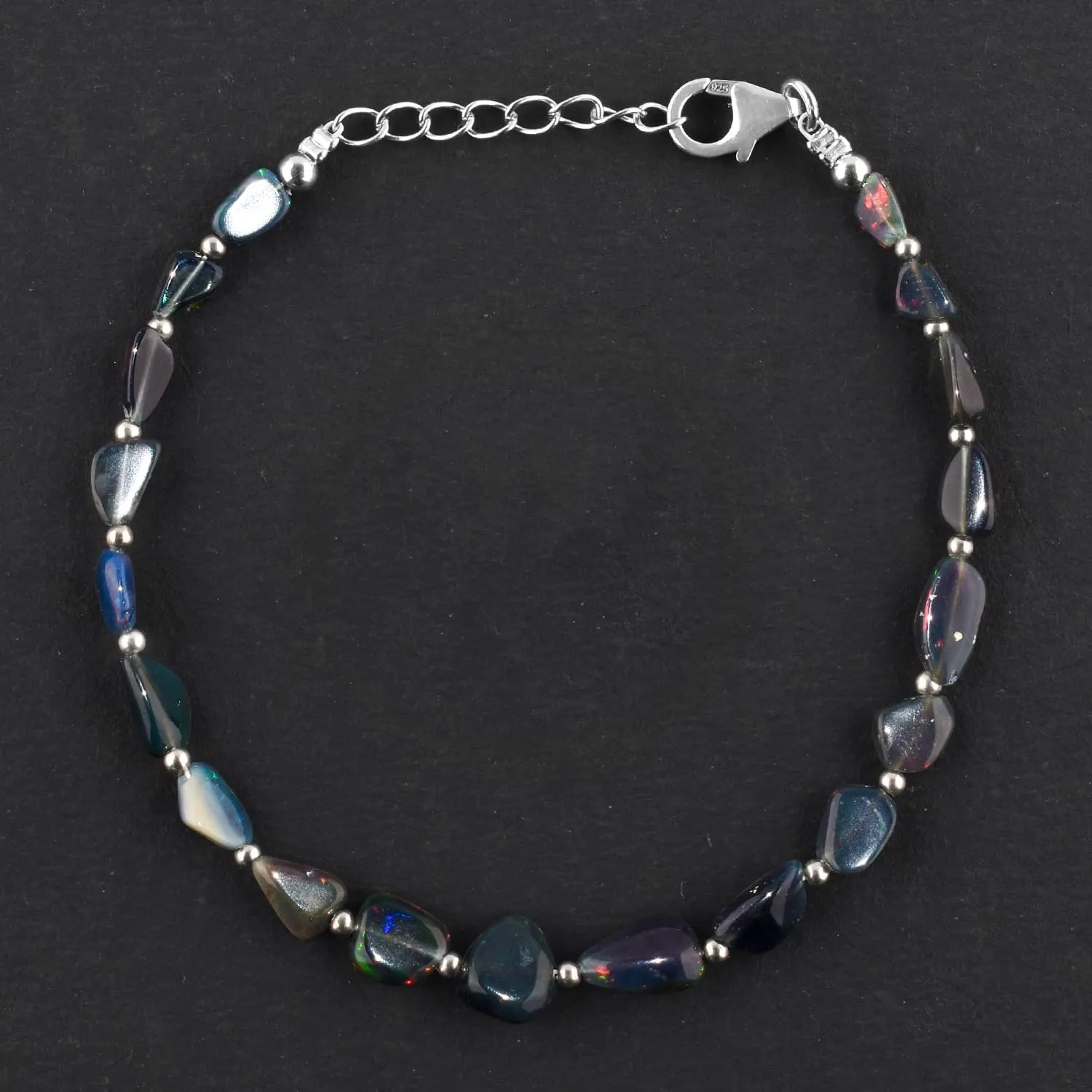 Ultra Fire Black Ethiopian Opal Beads with Silver Ball dainty Bracelet For Women, Healing Crystal, Handmade Jewelry, 925 Sterling Silver Chain 8 Inch, Birthday Gifts
