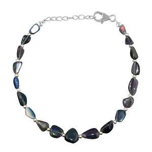 Ultra Fire Black Ethiopian Opal Beads with Silver Ball dainty Bracelet For Women, Healing Crystal, Handmade Jewelry, 925 Sterling Silver Chain 8 Inch, Birthday Gifts