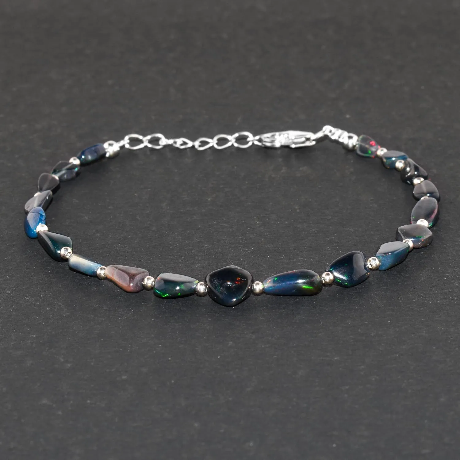 Ultra Fire Black Ethiopian Opal Beads with Silver Ball dainty Bracelet For Women, Healing Crystal, Handmade Jewelry, 925 Sterling Silver Chain 8 Inch, Birthday Gifts