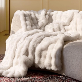 Ultra Soft Cozy Faux Fur Throw Blanket, Fuzzy Plush Thick Bubble Blanket, Luxury Fluffy Blanket for Couch, Sofa, Bedroom, and Living Room, Gifts for Women and Girls, 50x60 Inches, Cream White