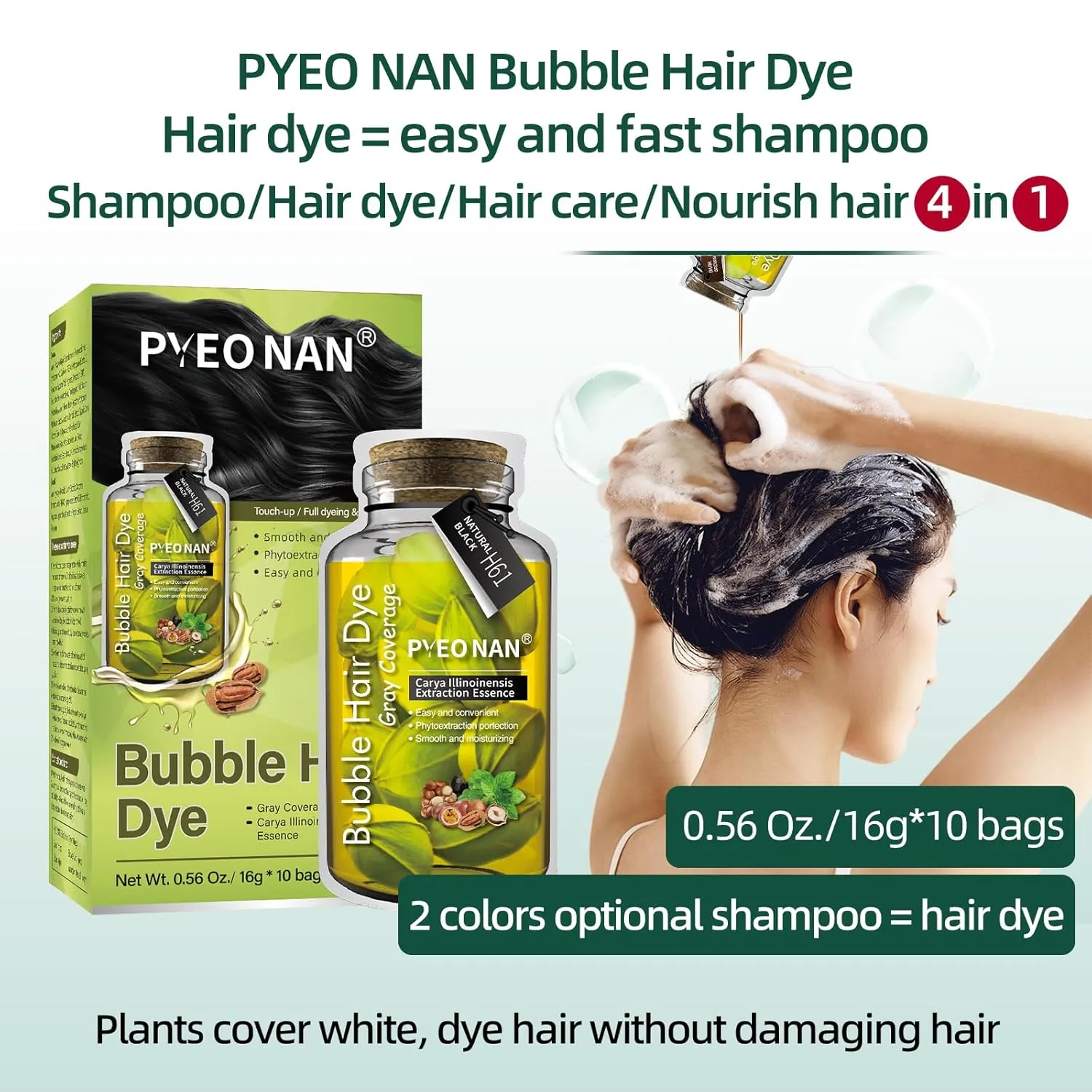 Unisex Bubble Hair Dye with Natural Plant Extracts, 2-in-1 for Gray Coverage and Hair Care, Gray Hair Turns into Black or Dark Brown with Herbal Ingredients (Natural Black, 1 Box (10 bags))