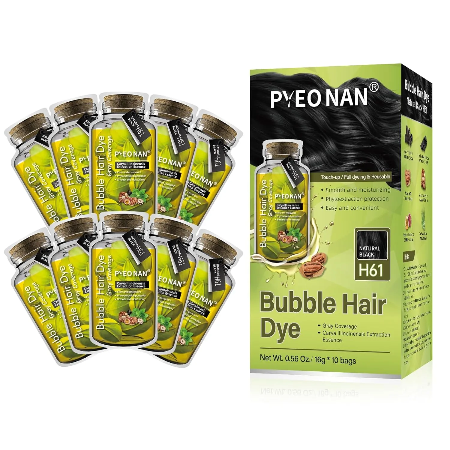 Unisex Bubble Hair Dye with Natural Plant Extracts, 2-in-1 for Gray Coverage and Hair Care, Gray Hair Turns into Black or Dark Brown with Herbal Ingredients (Natural Black, 1 Box (10 bags))